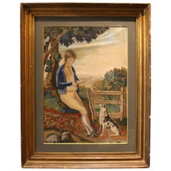 Antique Mid-19th Century Embroidery of Dog with Boy