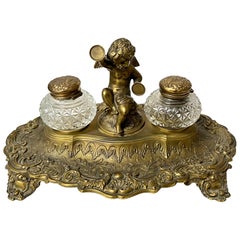 Antique Lee & Wigfull Sheffield Silver Brass Desk Inkwell with Cherub
