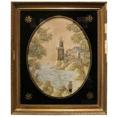 Mid-19th Century Framed Embroidery of Lighthouse and Fishermen