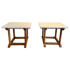 Retro Oak Side Tables with Thick Limestone Top 'Two Available'