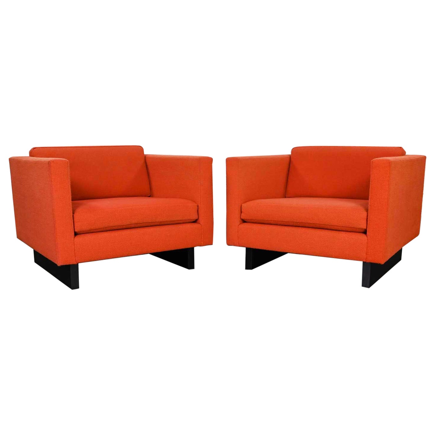 1970s Mcm to Modern Harvey Probber Club Chairs Orange 1571 Tuxedo Sleigh Bases For Sale