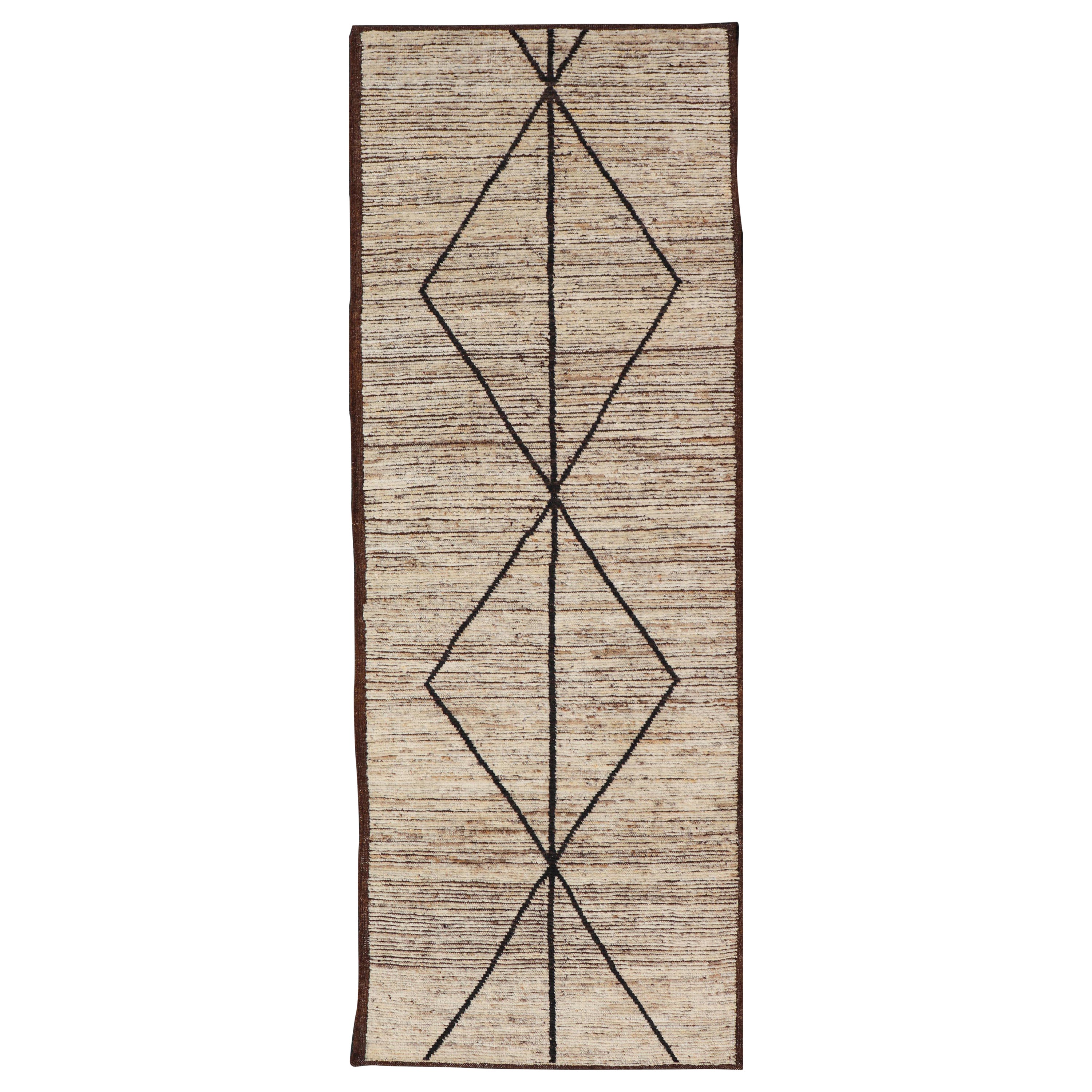 Modern Moroccan Runner in Wool with Diamond Design in Earthy Tones For Sale