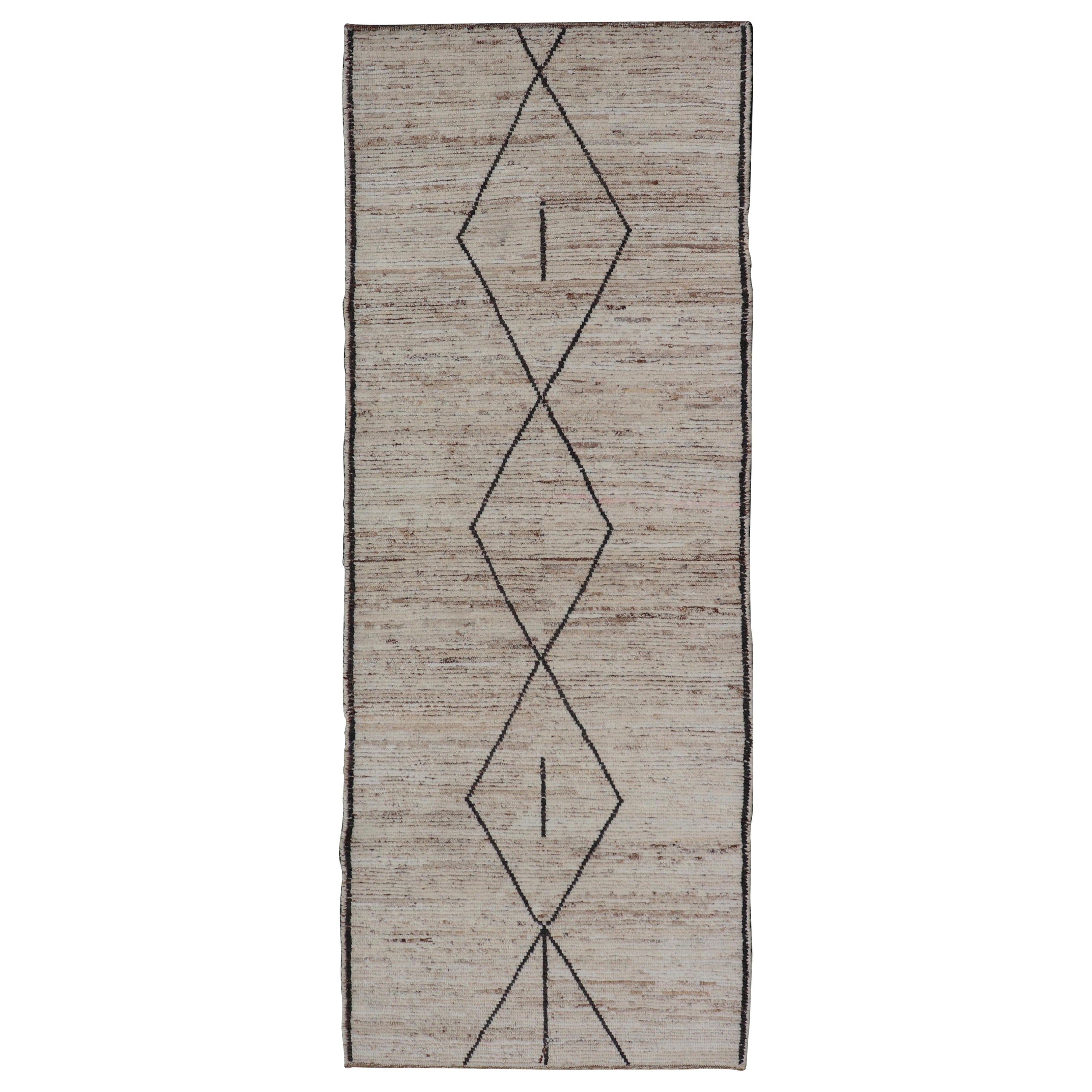 Modern Tribal Runner  with Sub-Geometric Diamond Design in Cream and Brown For Sale