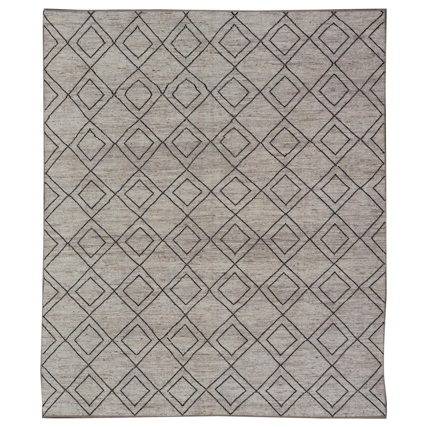 Large Modern Moroccan Rug with Tribal Diamond Design in Cream and Charcoal For Sale