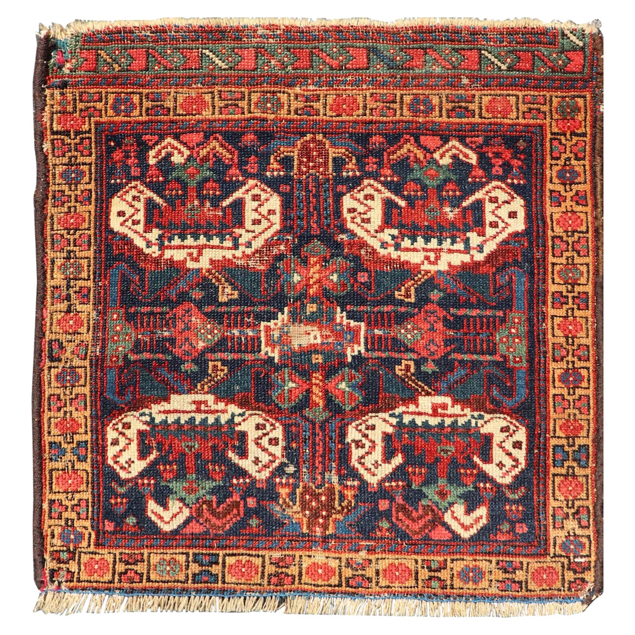 Small Geometric Design Antique Persian Afshar Rug With Medallion Design  For Sale