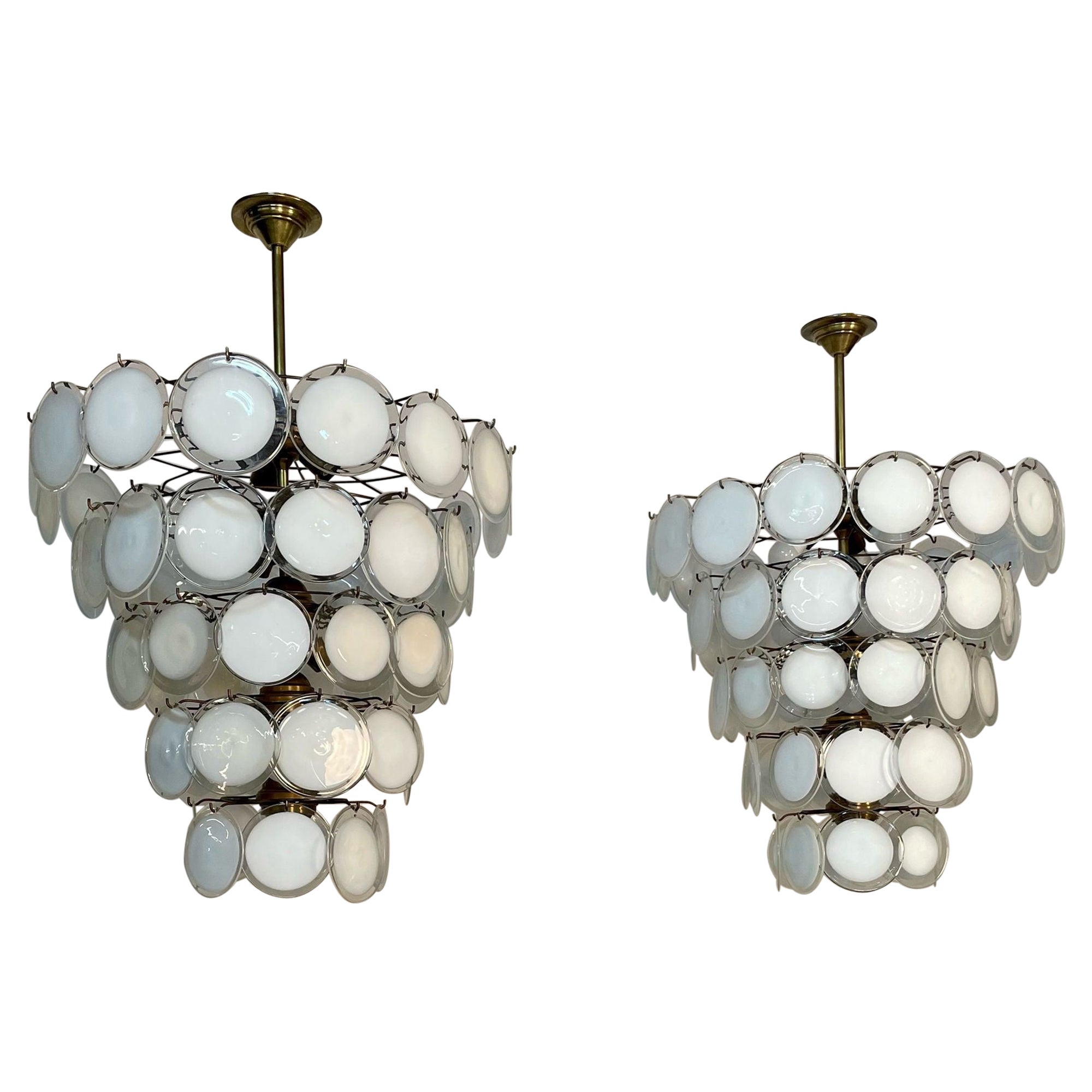 Pair of Murano Disc Mid-Century Modern Chandeliers, Antiqued Brass, New Wired