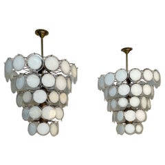 Pair of Murano Disc Mid-Century Modern Chandeliers, Antiqued Brass, New Wired
