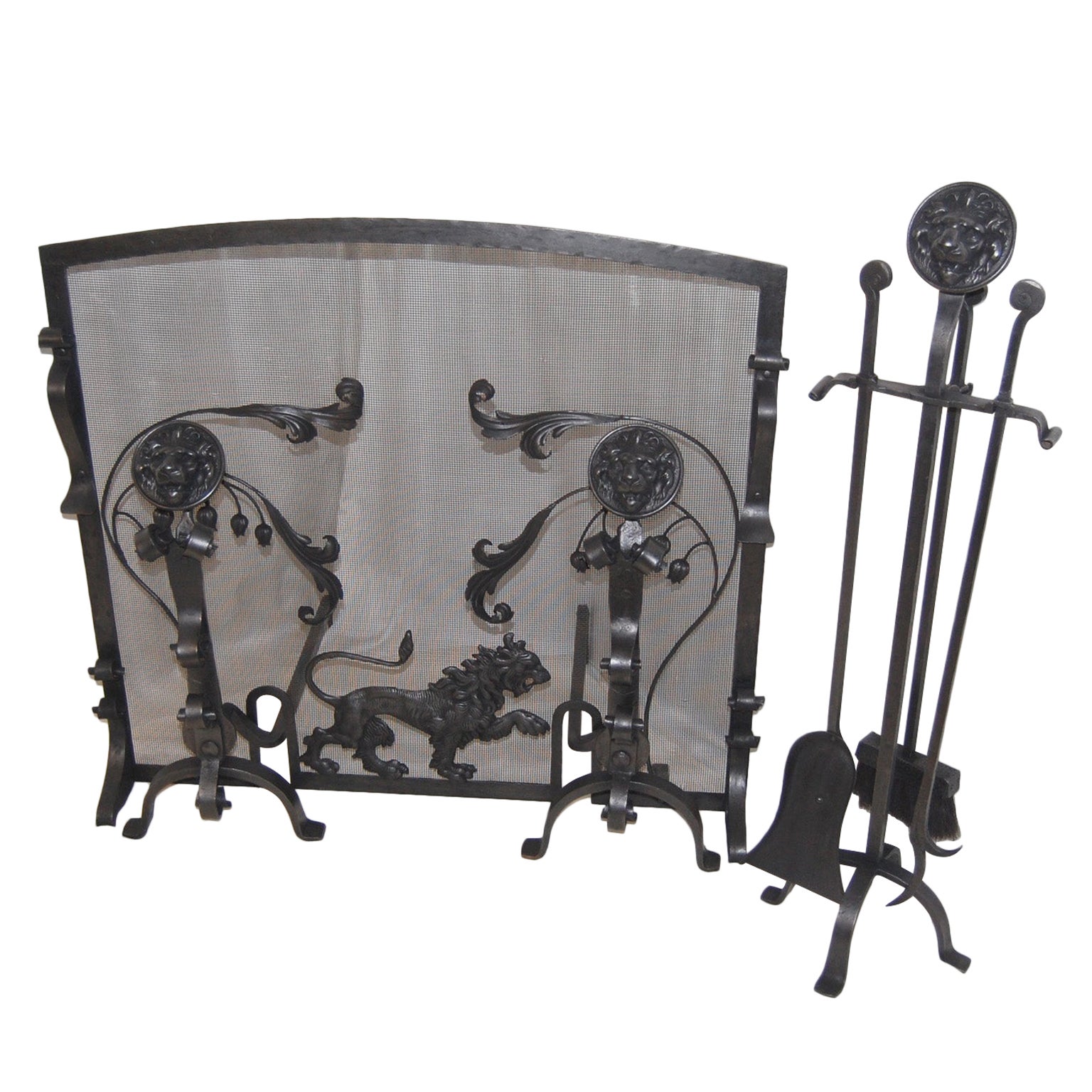 English Arts and Crafts Fireplace Set Lion Motif with Screen, Andirons and Tools For Sale