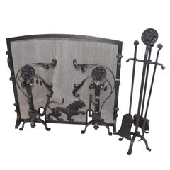 Antique English Arts and Crafts Fireplace Set Lion Motif with Screen, Andirons and Tools