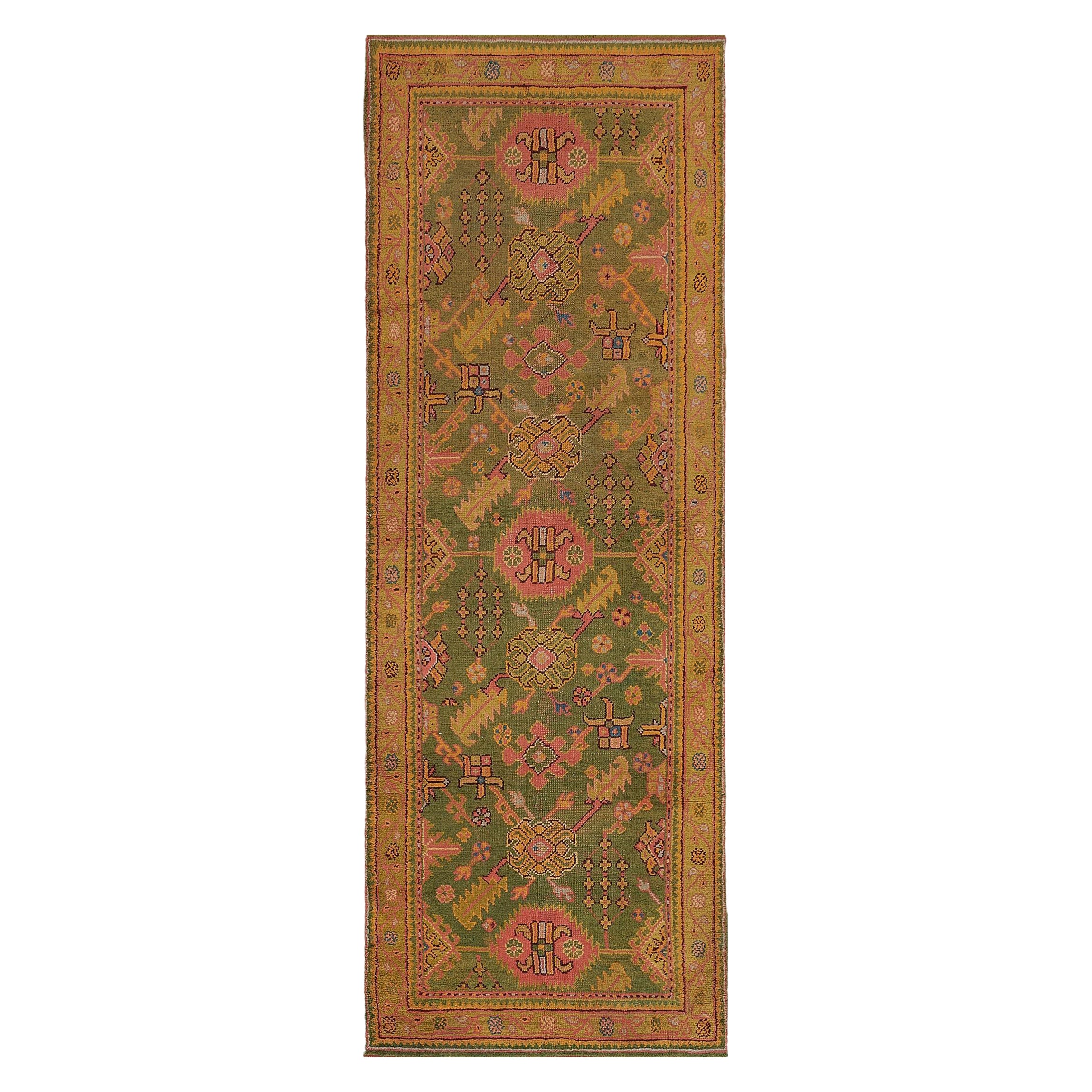 Antique Gold and Green Hand-woven Antique Wool Oushak Runner