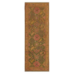 Antique Gold and Green Hand-woven Antique Wool Oushak Runner