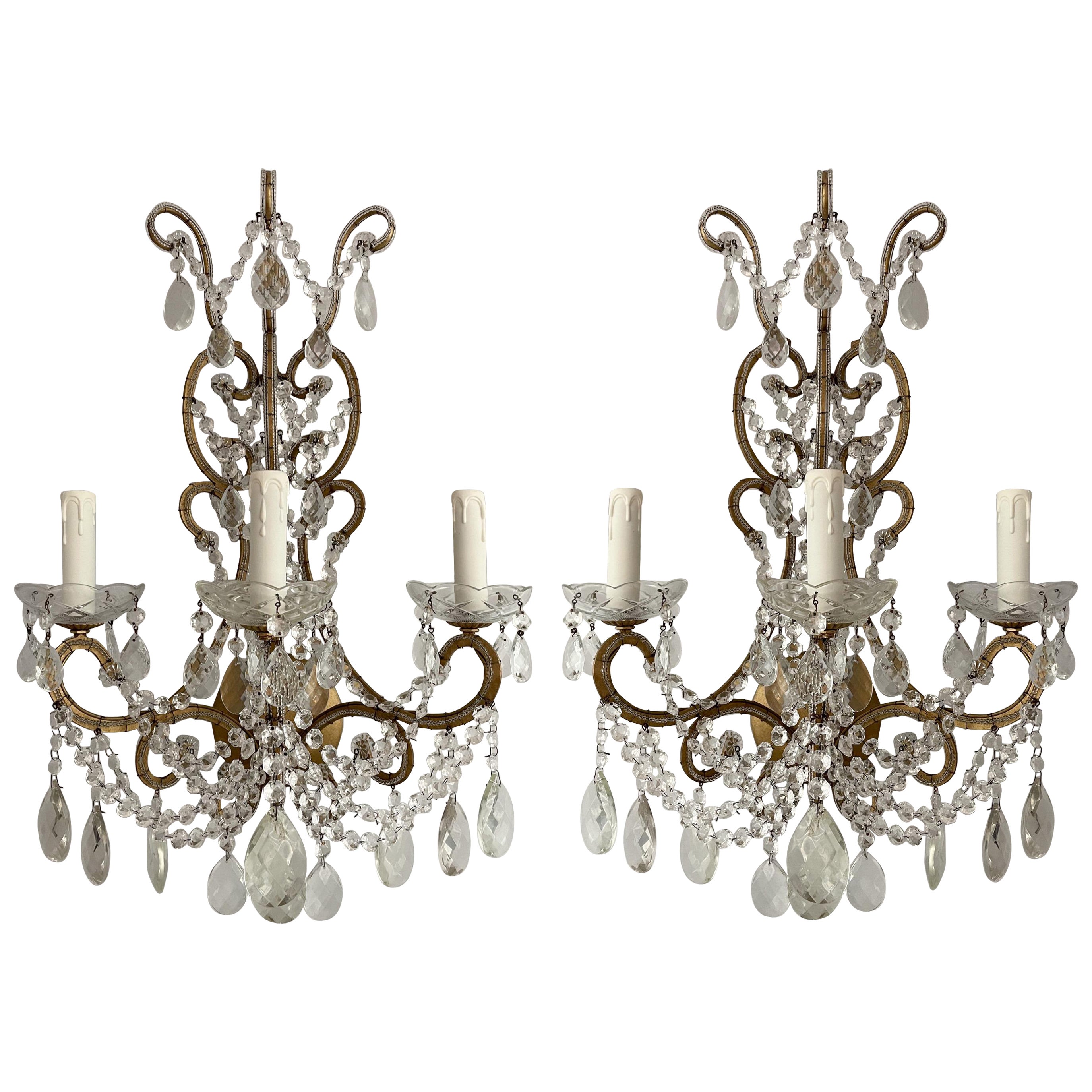 Pair of Italian Crystal Beaded Sconces For Sale