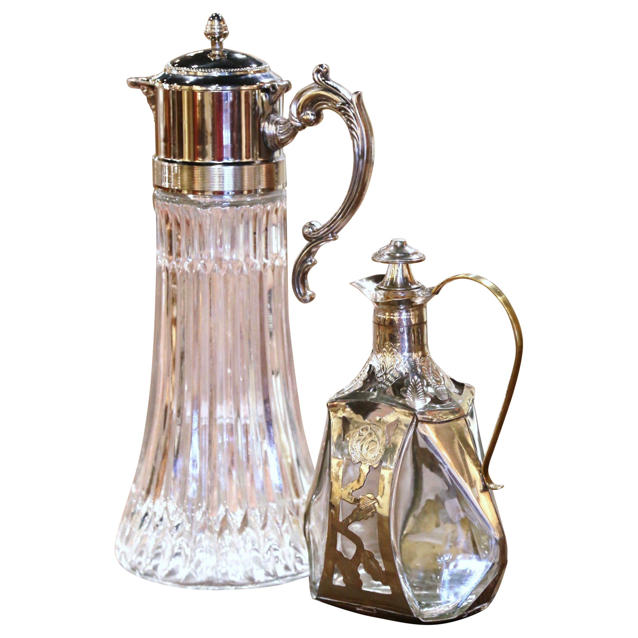 Early 20th Century French Silver Plated Crystal Claret Pitcher and Decanter Set For Sale