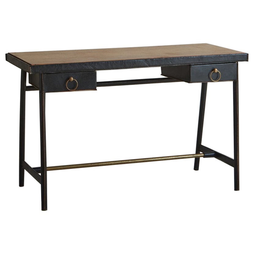 Leather + Wood Writing Desk Attributed to Jacques Adnet, France 1950s