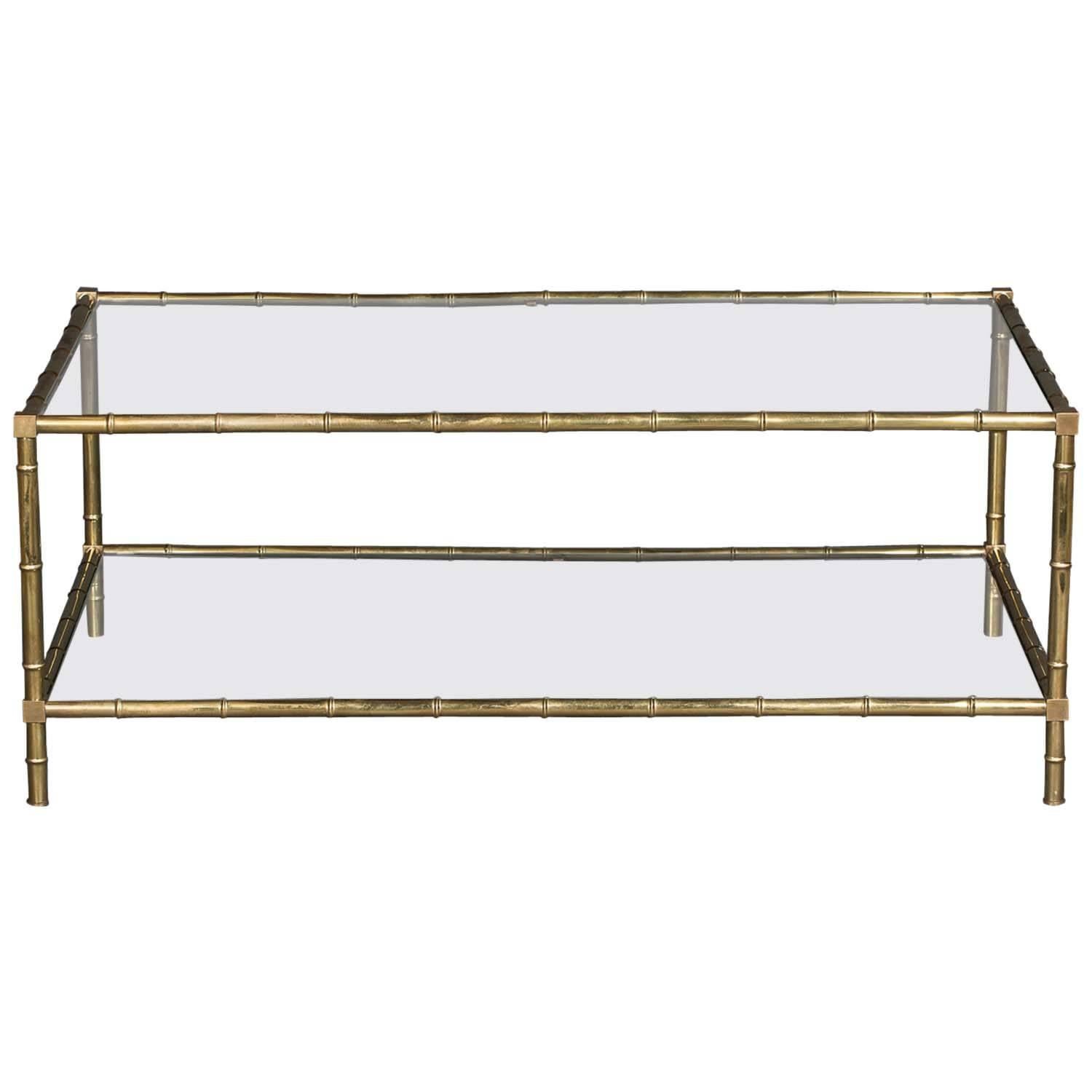 Faux Bamboo Brass and Glass Cocktail Table For Sale