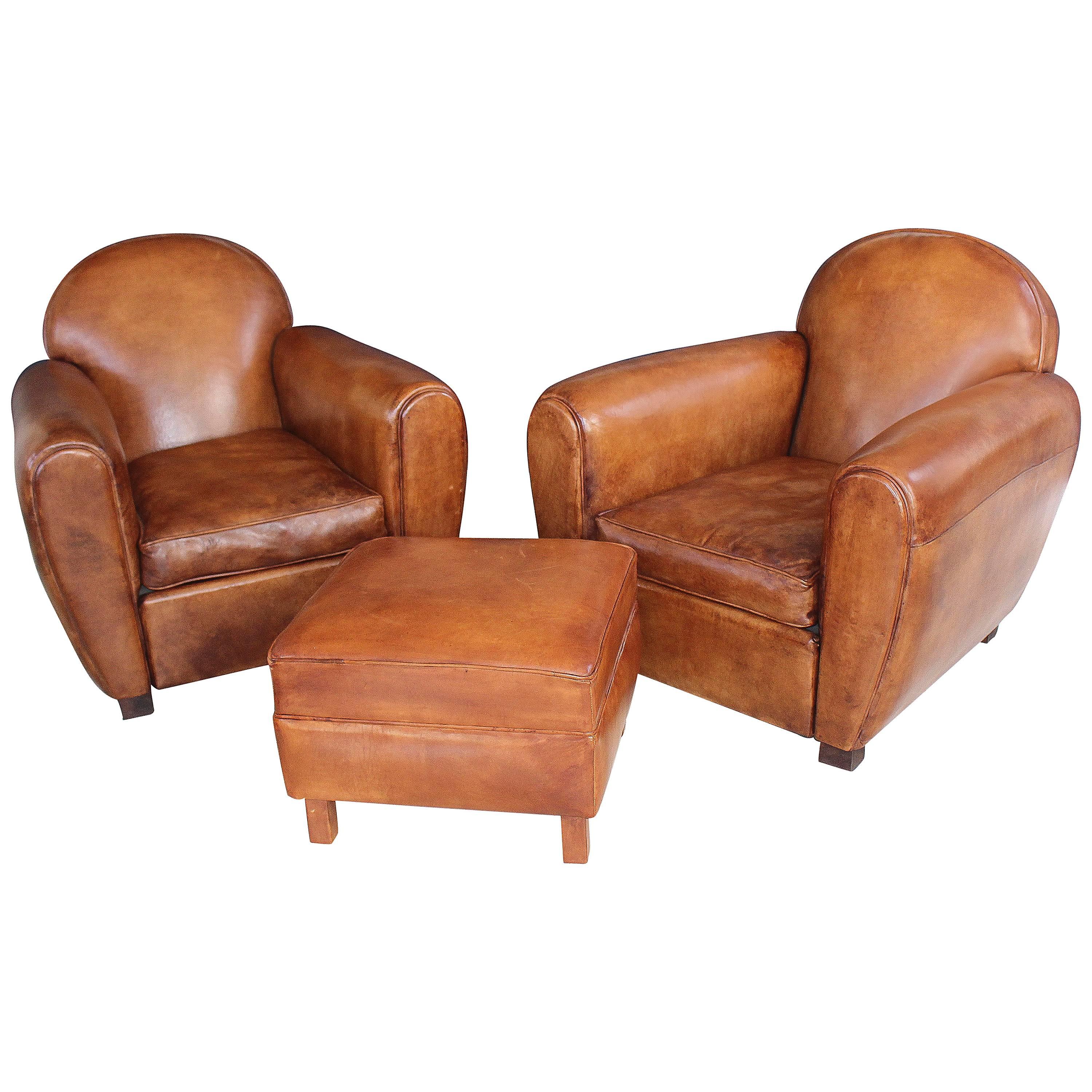 Pair of New French Leather Club Chairs with Ottoman