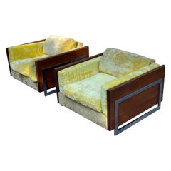 Milo Baughman Yellow Crushed Velvet Chrome Lounge Chairs, circa 1960s