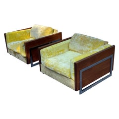 Vintage Milo Baughman Yellow Crushed Velvet Chrome Lounge Chairs, circa 1960s