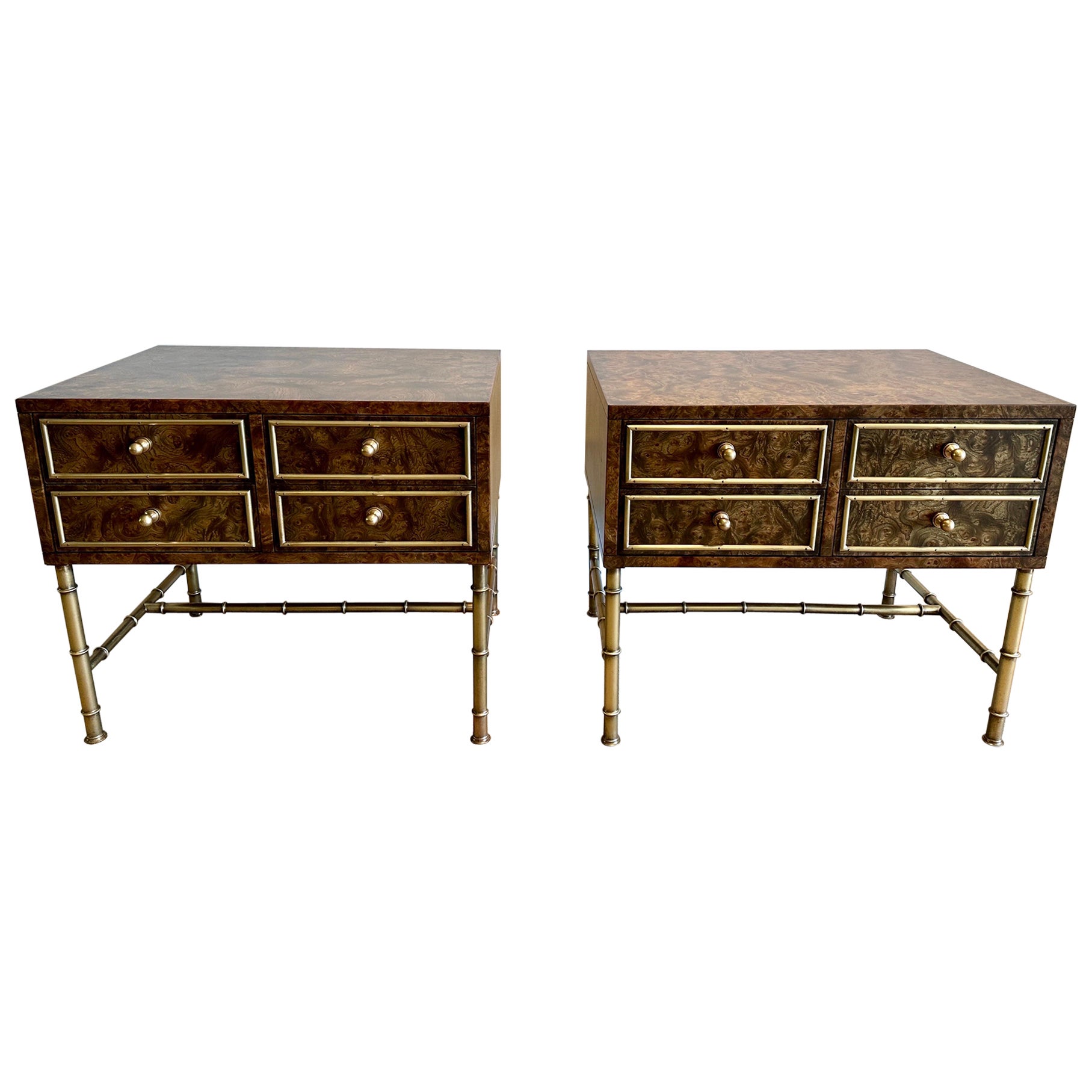 Pair of Vintage Burlwood and Brass Night Tables by Mastercraft For Sale