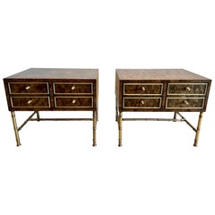Pair of Vintage Burlwood and Brass Night Tables by Mastercraft