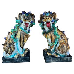 Large Scale Pair of Antique Majolica Ceramic Glazed Guardian Lions or Foo Dogs
