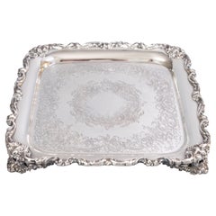 Square Silver Plate Footed Barware Serving Tray, circa 1950
