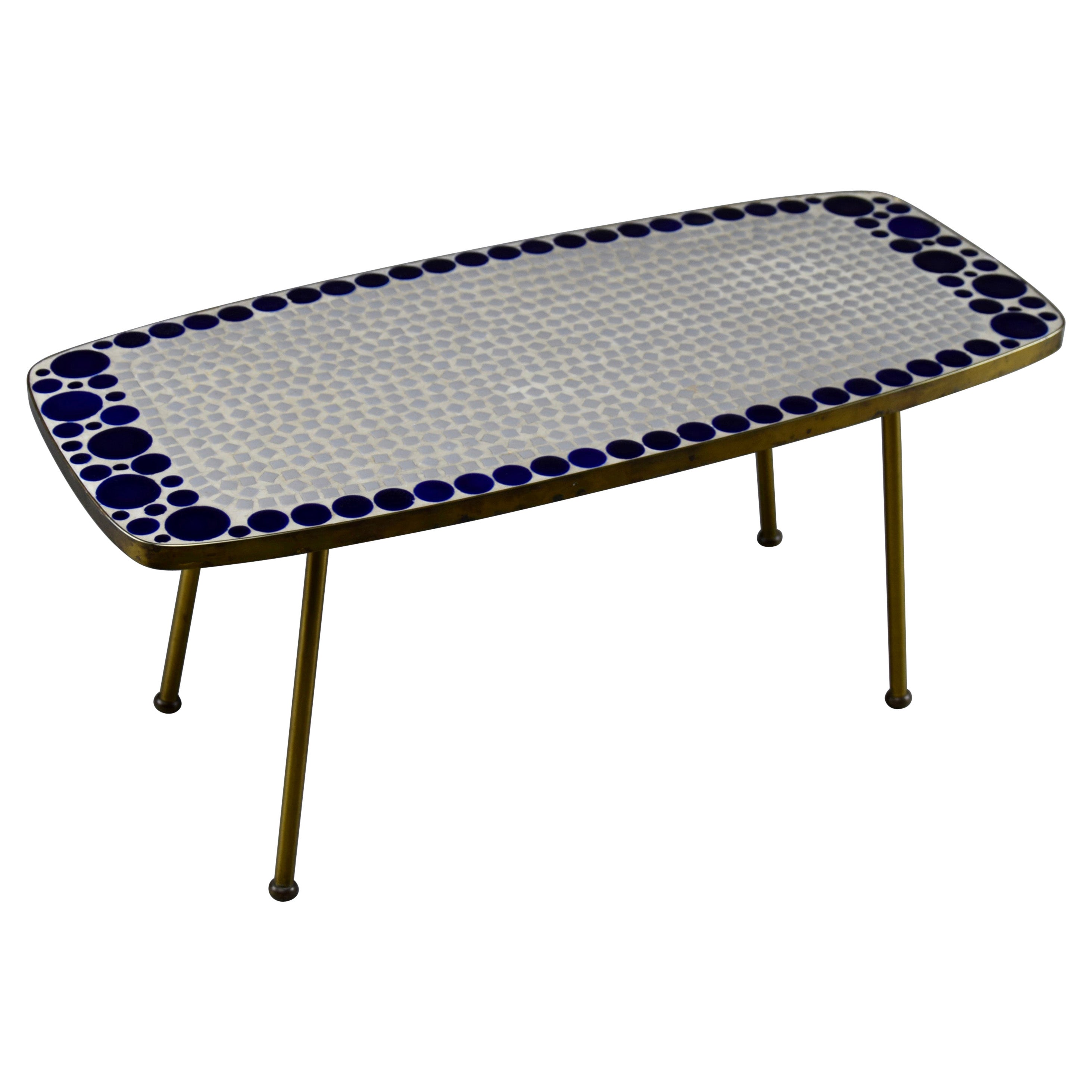 Table d'appoint en mosaïque de verre grise et bleue en laiton, mi-siècle moderne