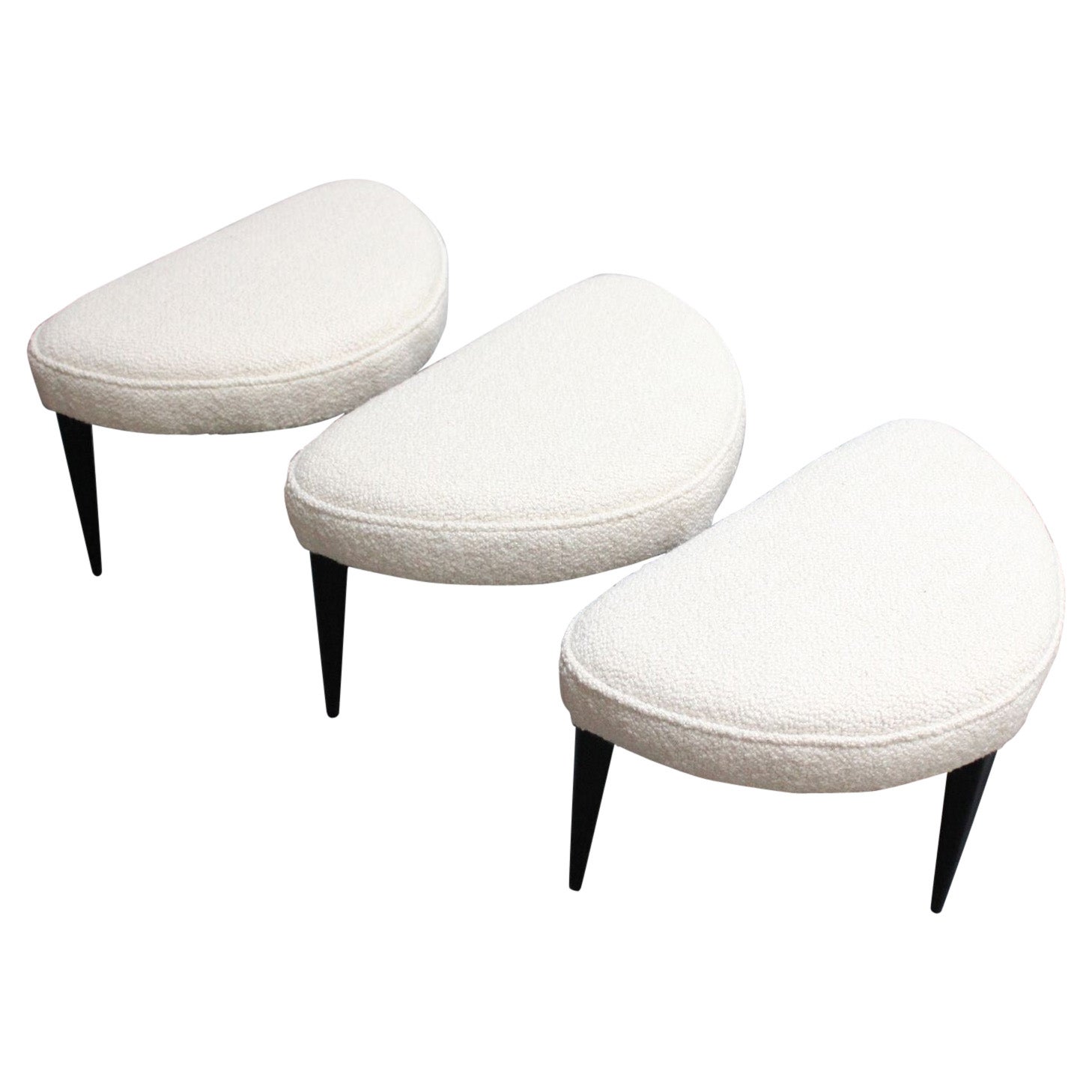 Set of Three Midcentury Italian Modern Ebonized Footstools/Ottomans in Bouclé For Sale