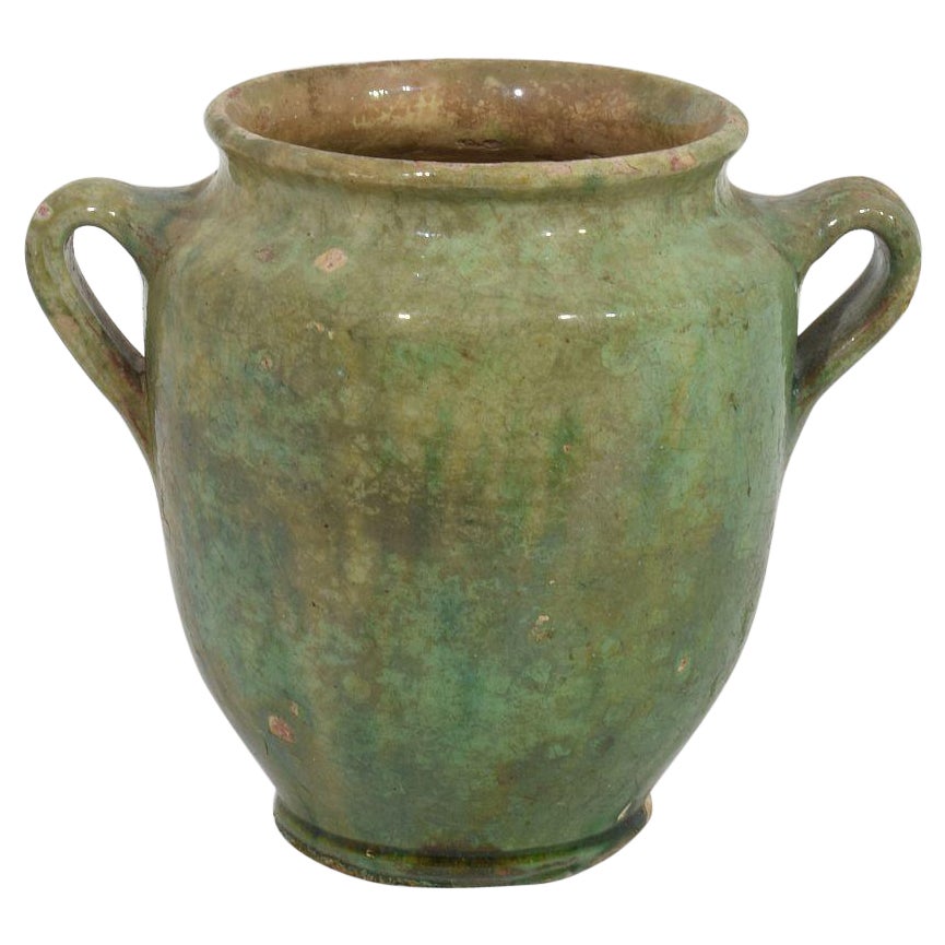 French 19th Century Faded Green Glazed Ceramic Confit Jar For Sale