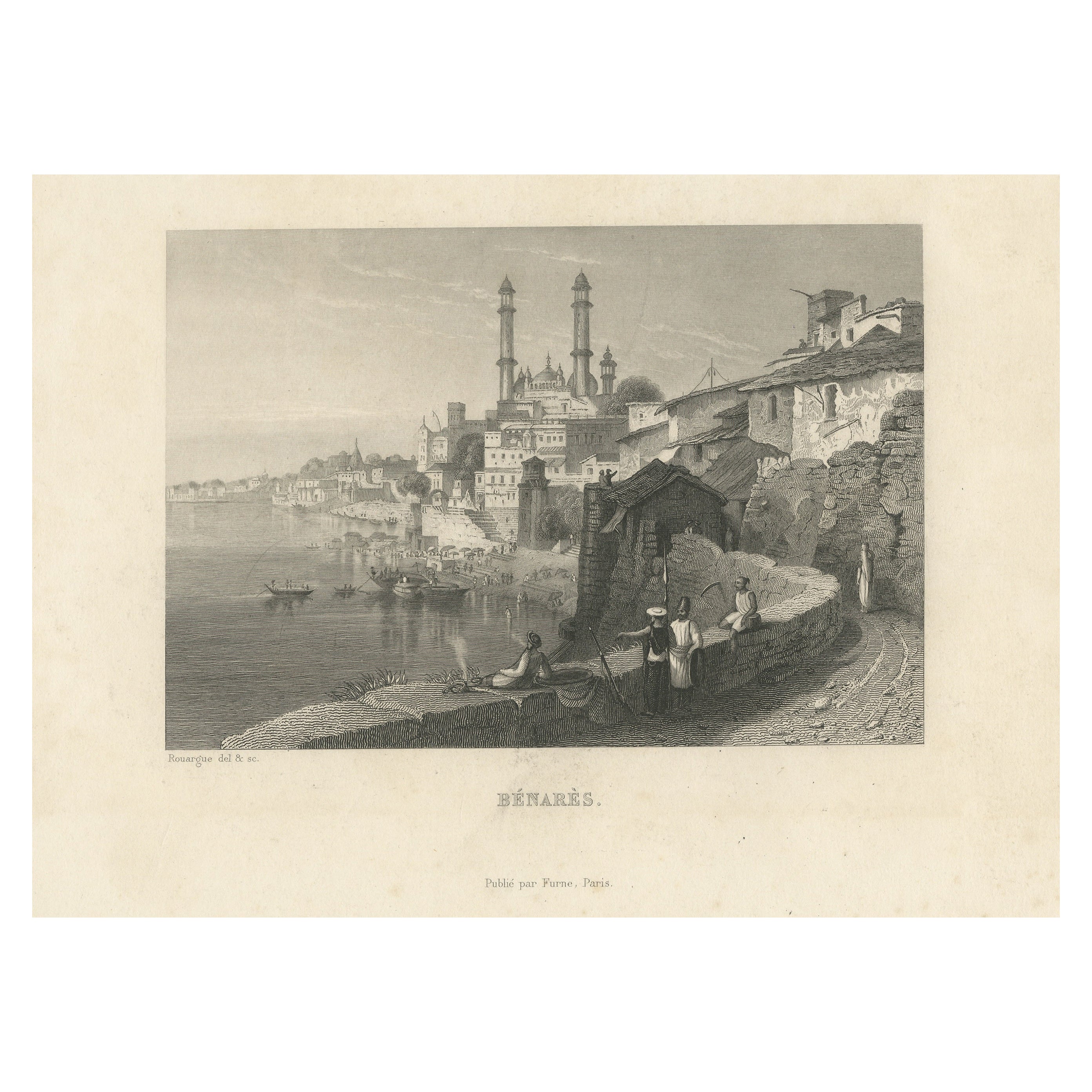 Antique Print of the City of Varanasi or Benares, India
