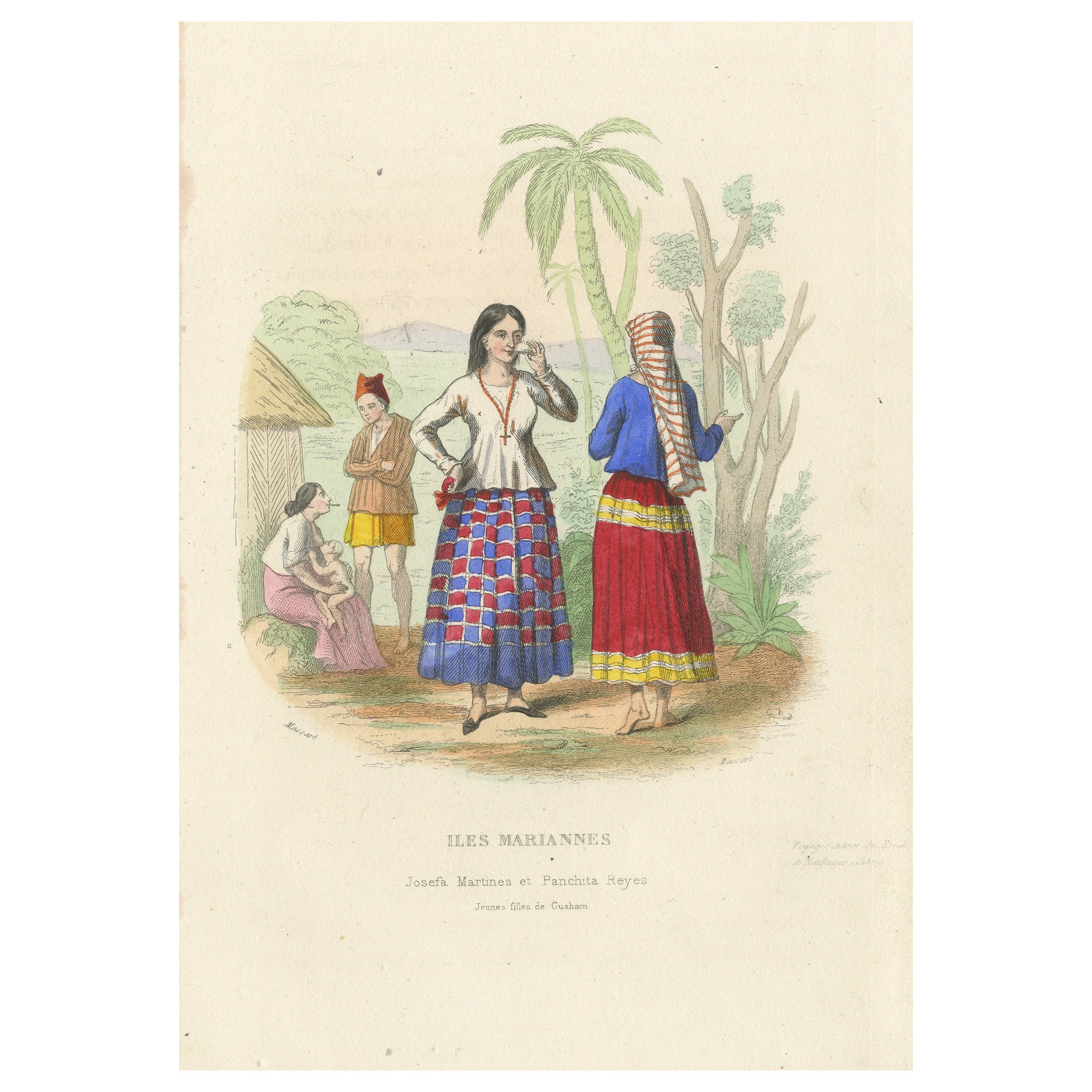 Antique Print of Young Women from Guam, Mariana Islands For Sale