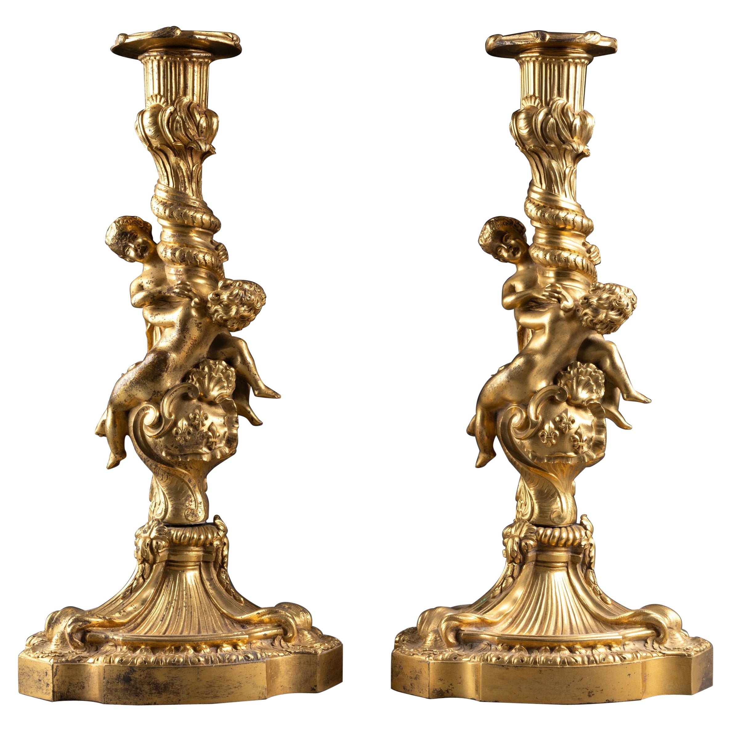 19th C. Pair of Louis XV Gilt Bronze Candlesticks with French Royal Coat of Arms