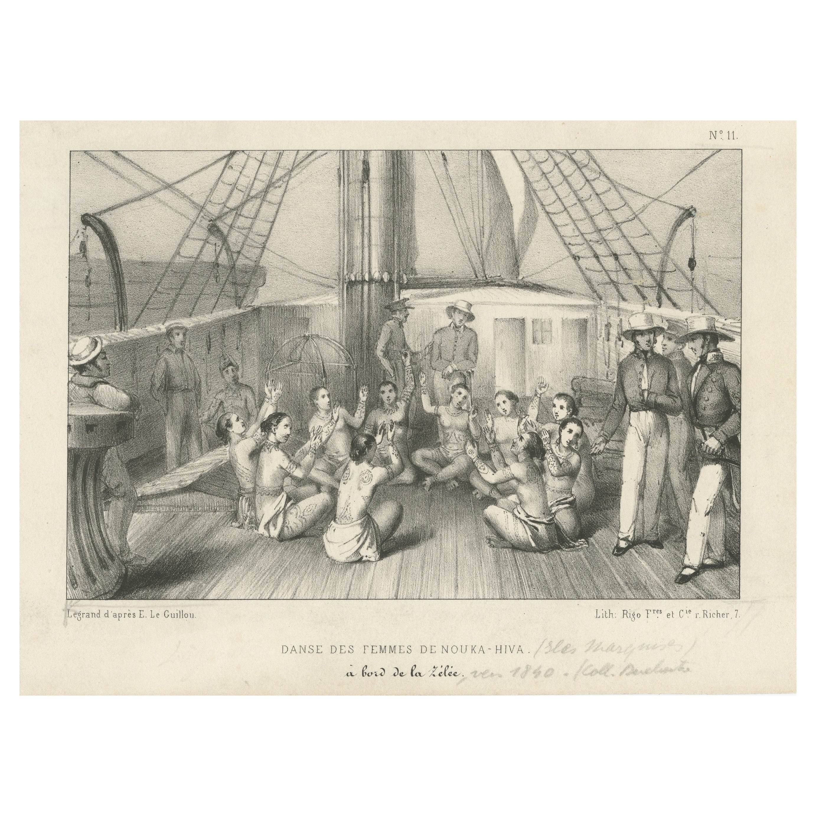 Antique Print of the Dance of the Women of Nuka Hiva Aboard the Zelee For Sale