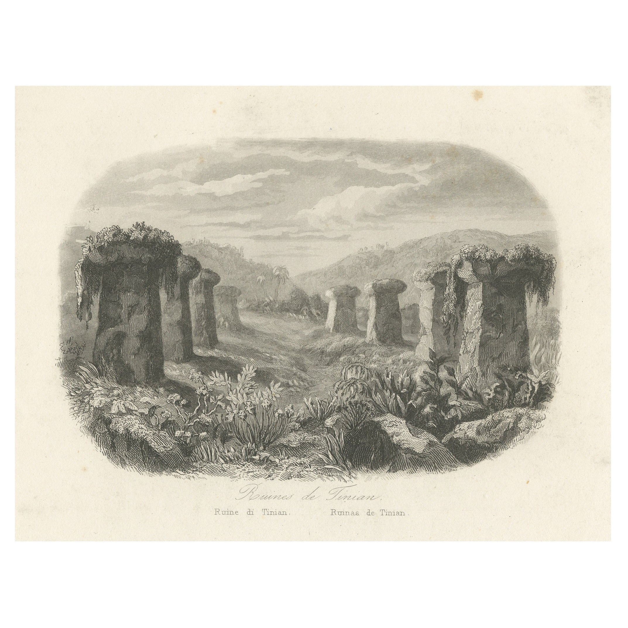 Small Antique Print of Ruins of Ancient Columns on Tinian Island For Sale