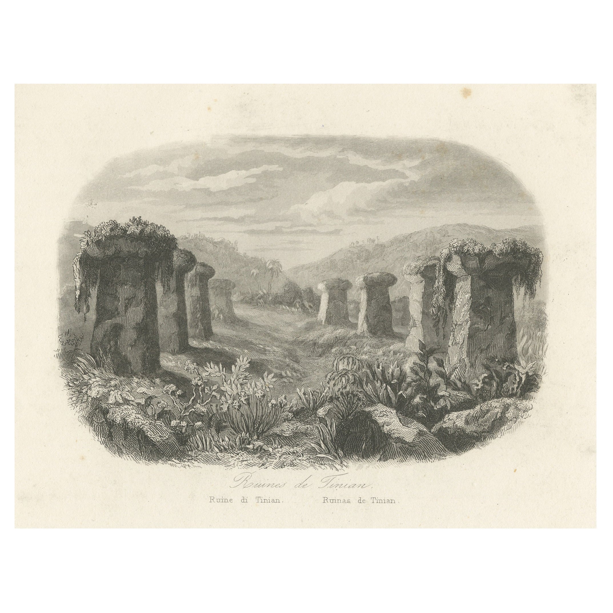 Pequeño Grabado Antiguo de Ruinas de Columnas Antiguas en la Isla de Tinian
