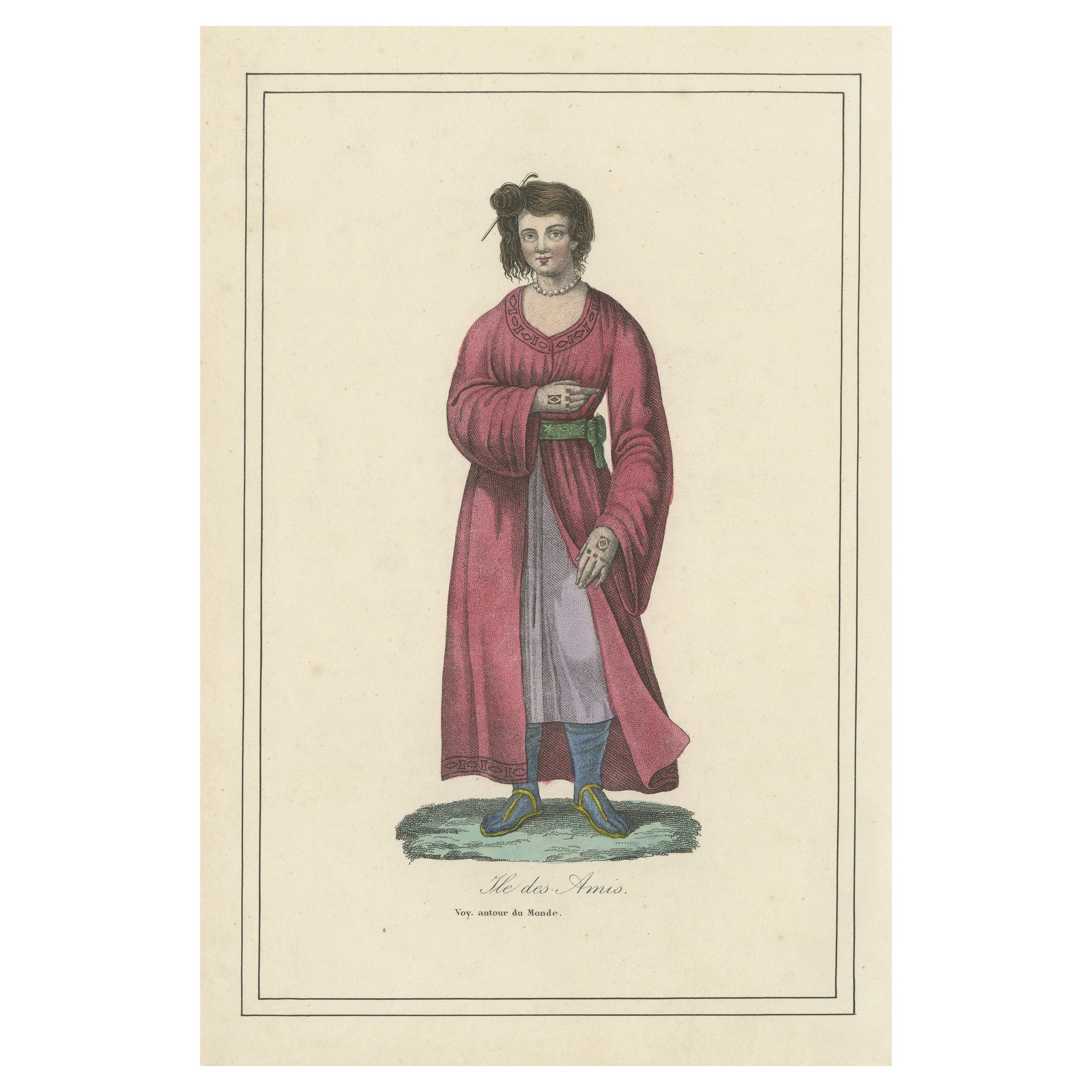 Hand Colored Antique Print of a Female Native of Tonga, Friendly Islands For Sale