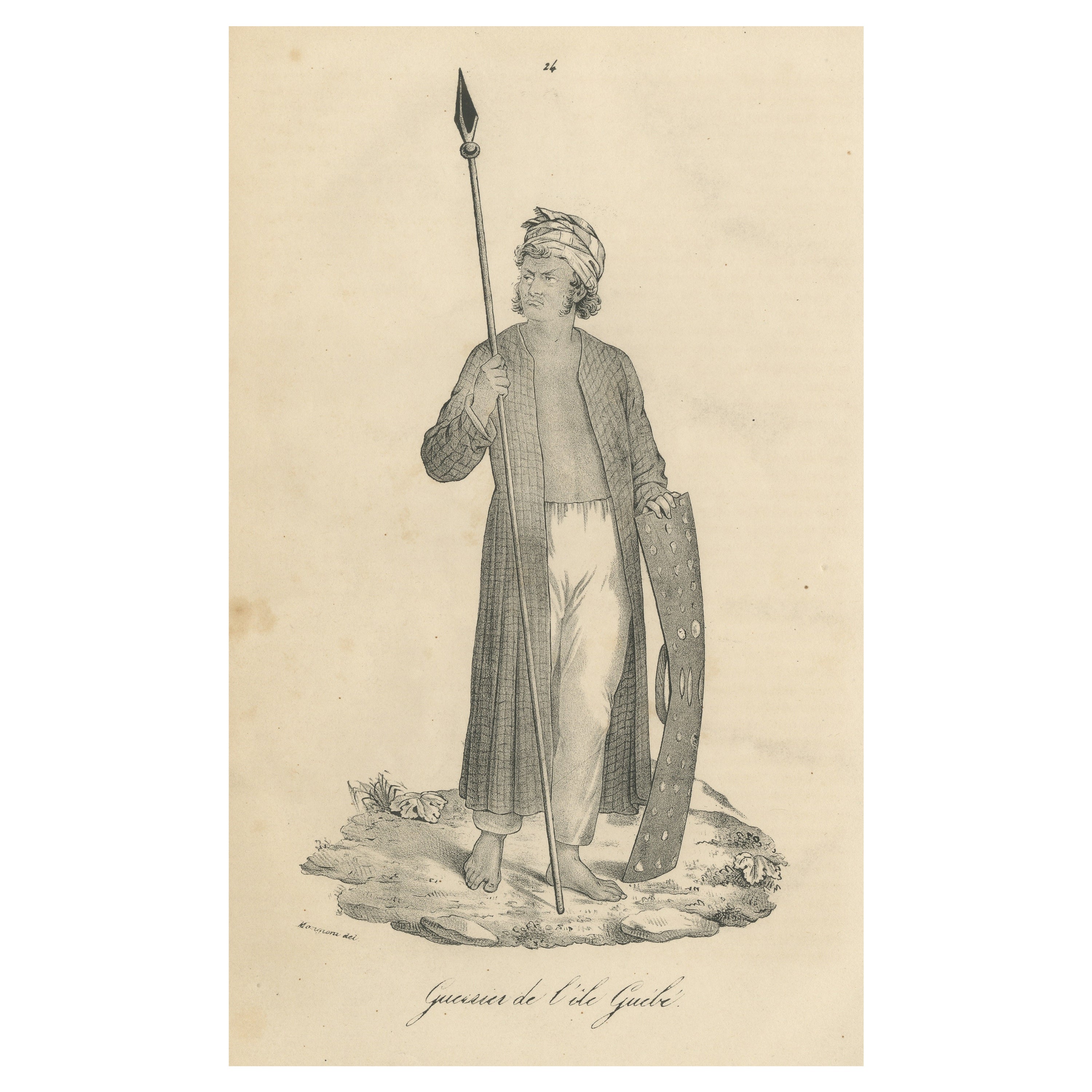 Antique Print of a Warrior from the Island of Guebe, Maluku Islands For Sale