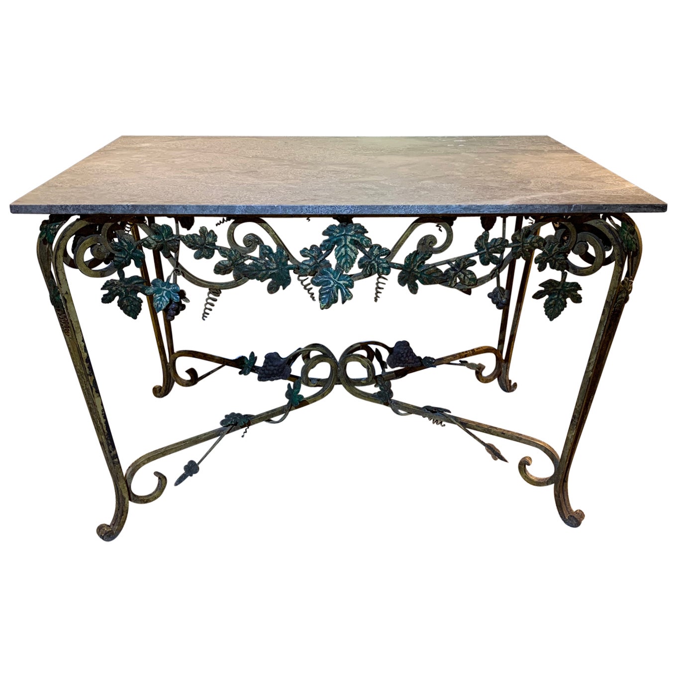 Table console en fer forgé et marbre du milieu du siècle avec décoration de feuilles
