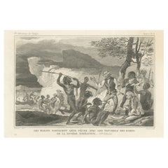 Antique Print of Sailors Sharing Their Fish with Natives from Australia