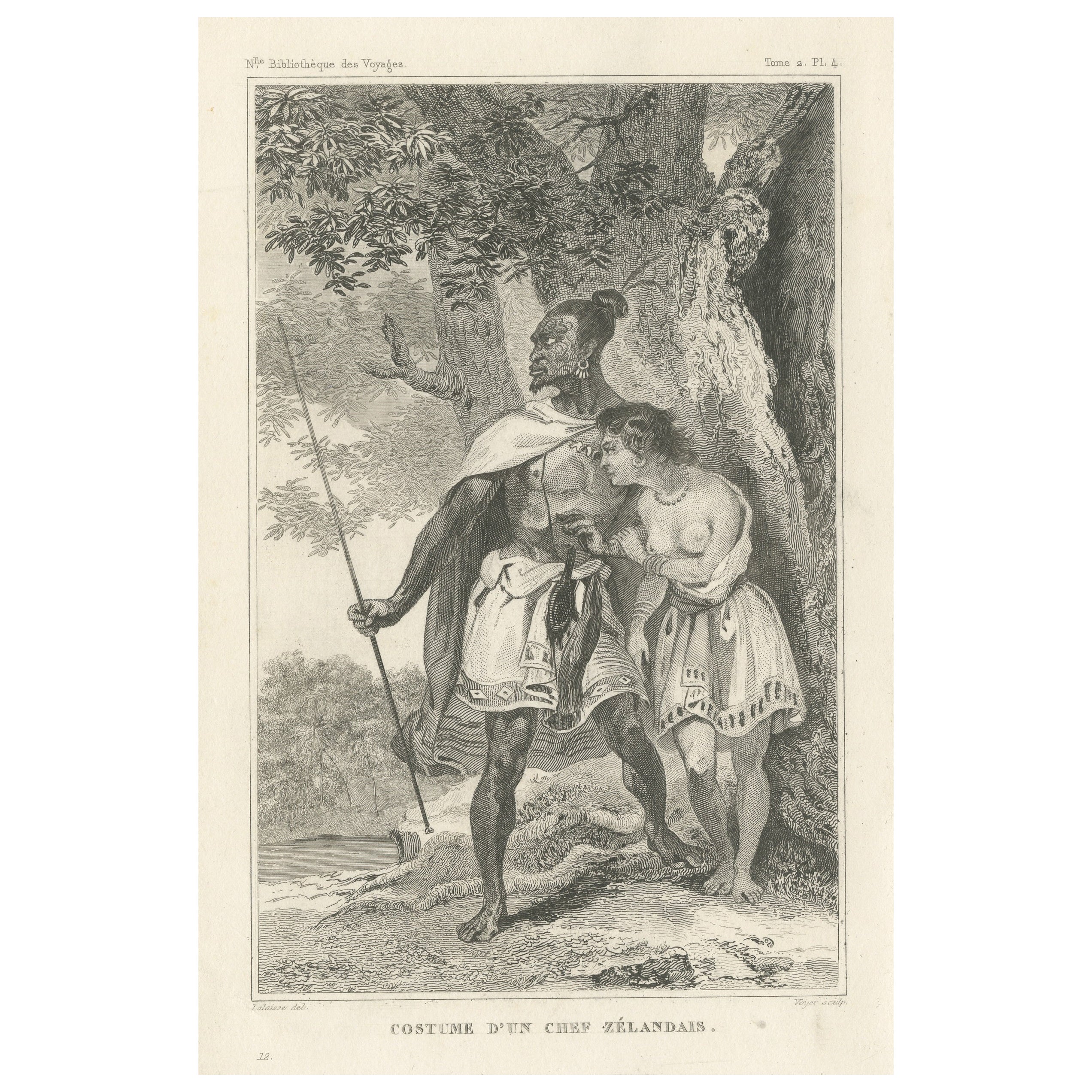 Antique Print of a Costume of a New Zealand Chief For Sale