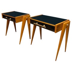 Pair of Italian Bedside Cabinets in Black Glass and Wood 
