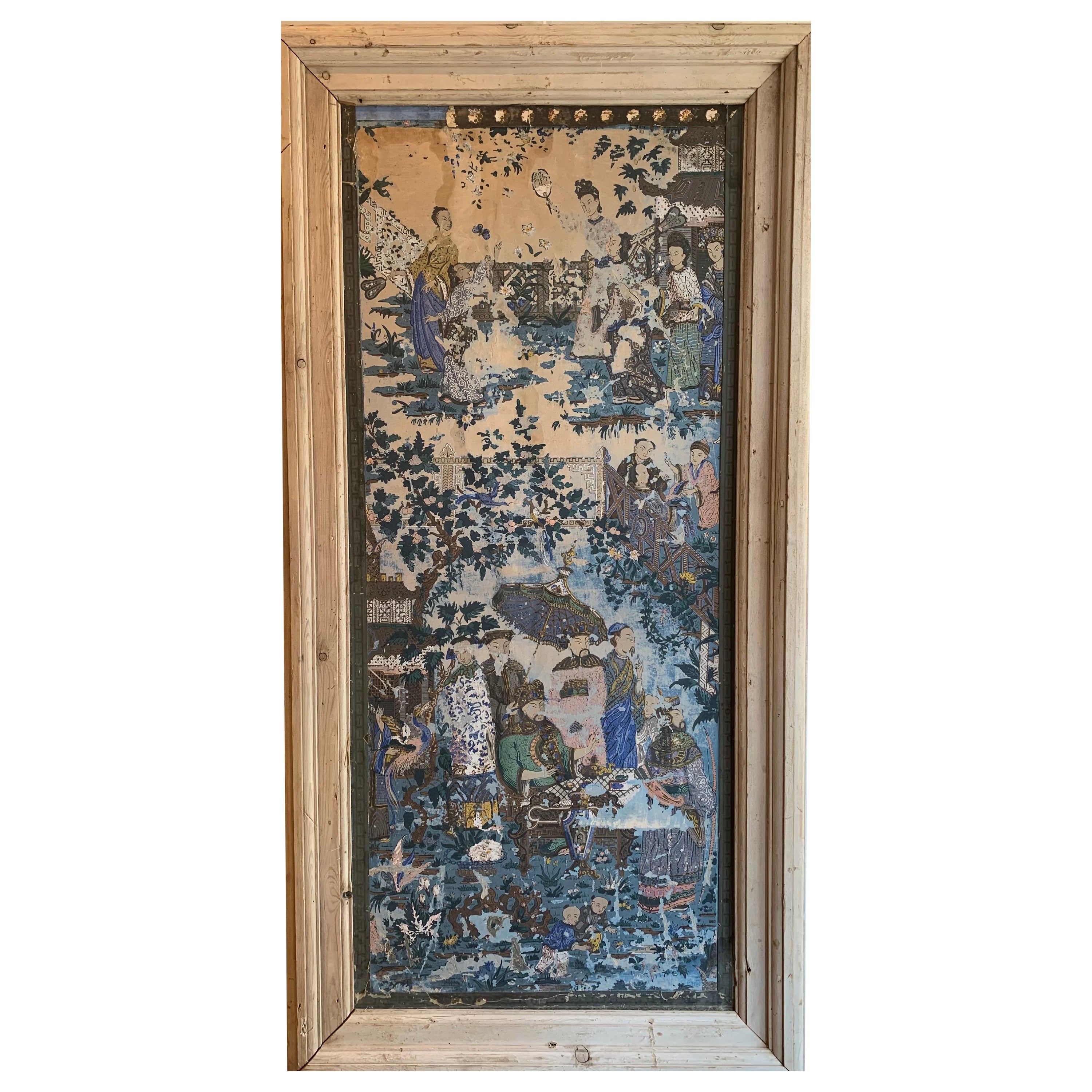 Pair of circa 1900s French Framed Chinoiserie Decorated Wallpaper Panels