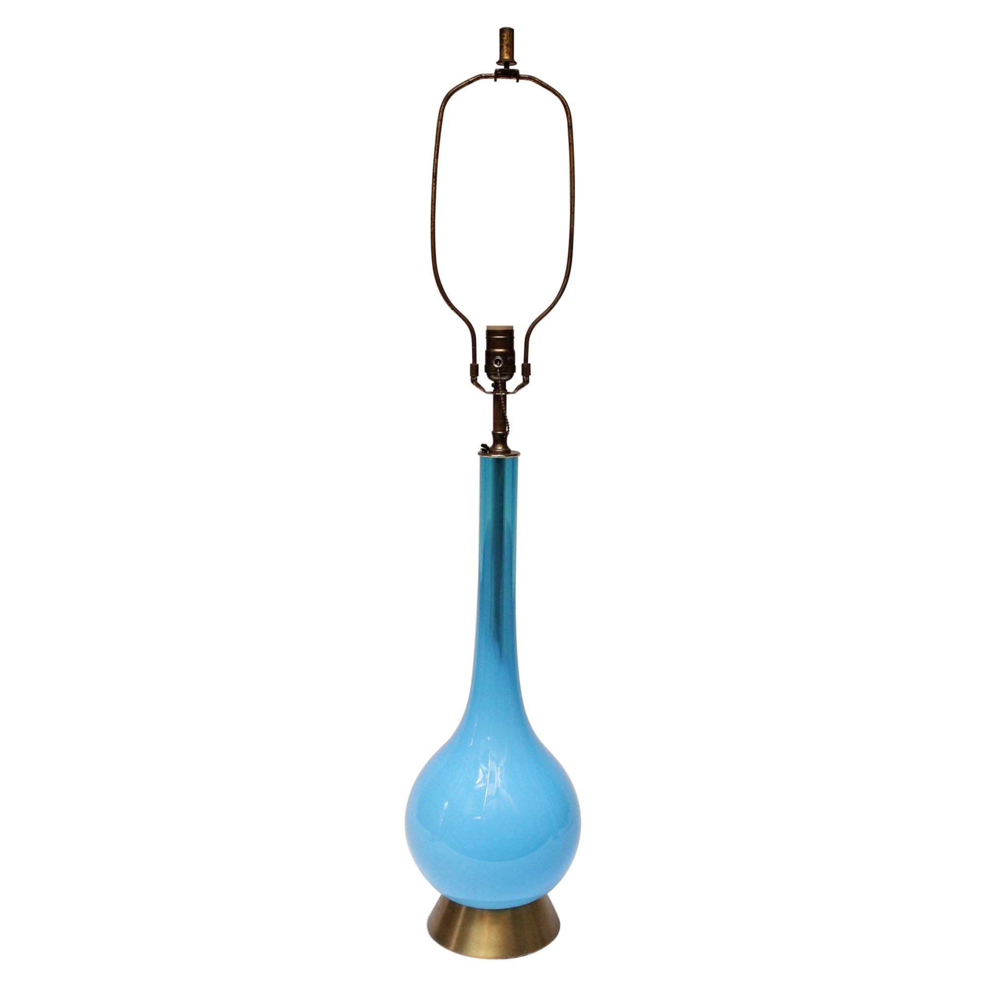 Midcentury Italian Modern Turquoise Blown Glass Lamp on Brass Base For Sale