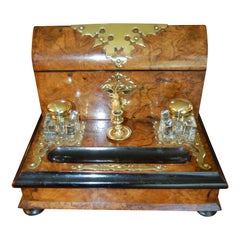 English Burl Walnut Mid-19th Century Desk Box with Inks, Drawer, Stationery Box