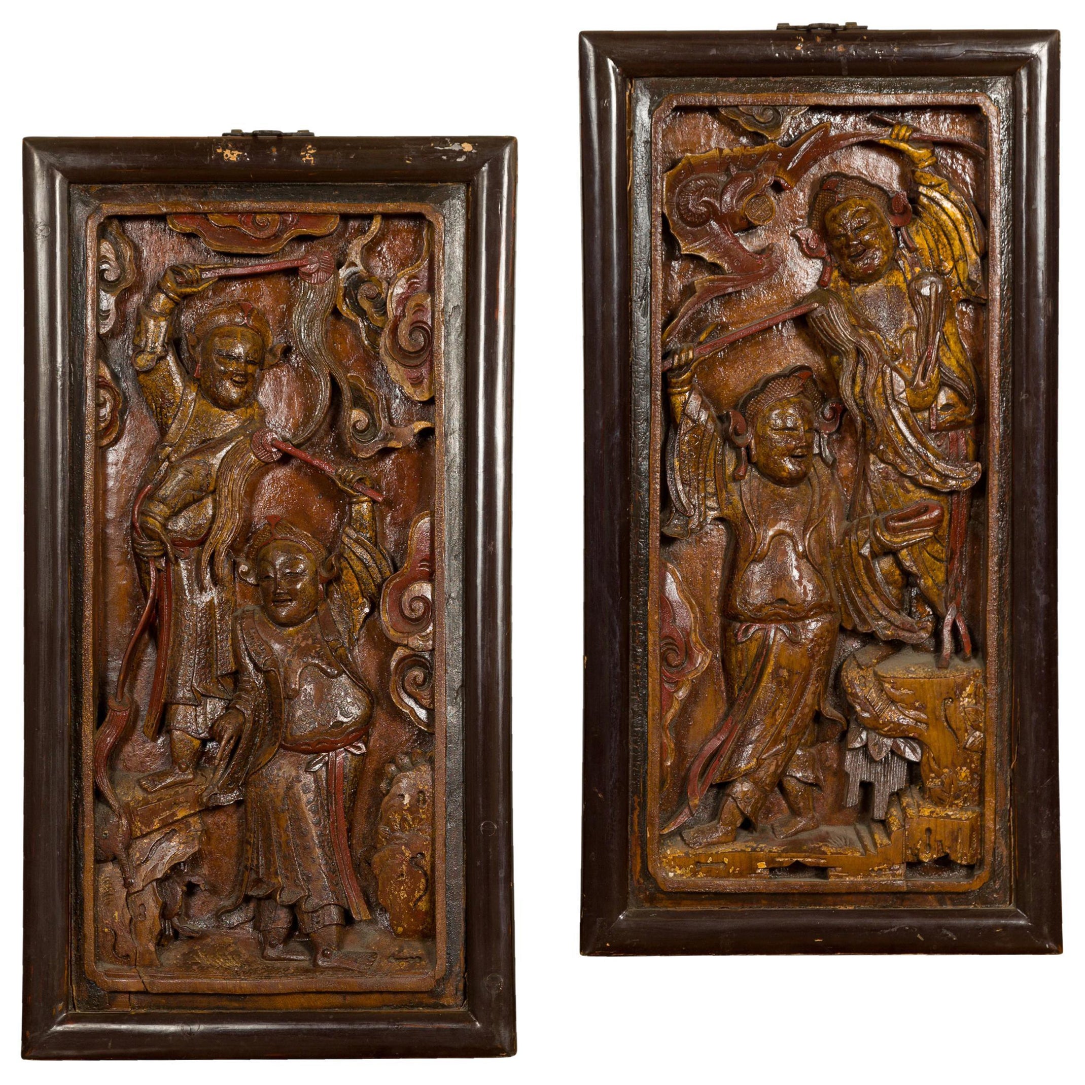 Hand-Carved Antique Wall Panels with Puppet Design For Sale