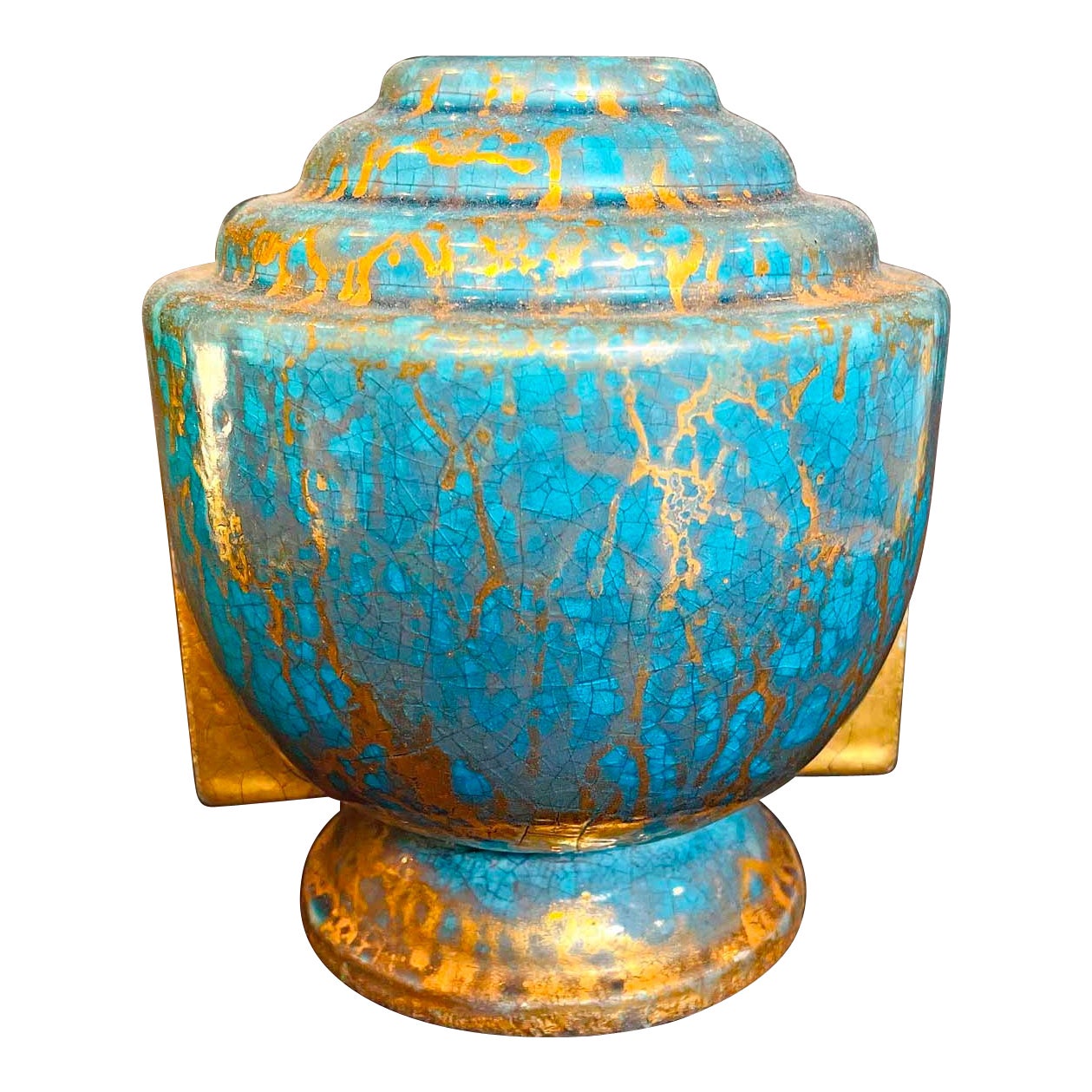 Art Deco Vase in Blue-Green and Gold, by MNF in Sevres, 1930s For Sale