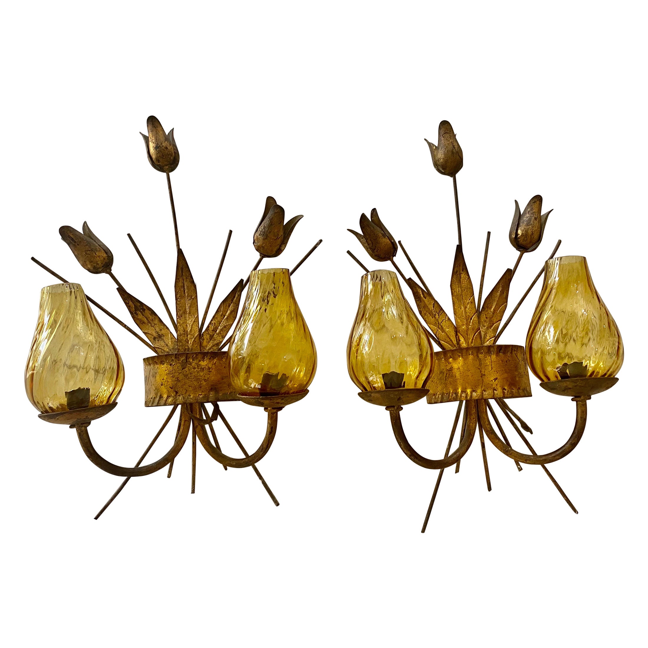 Spanish Wall Lighting Pair Metal with Gold Finish, circa 1950 For Sale