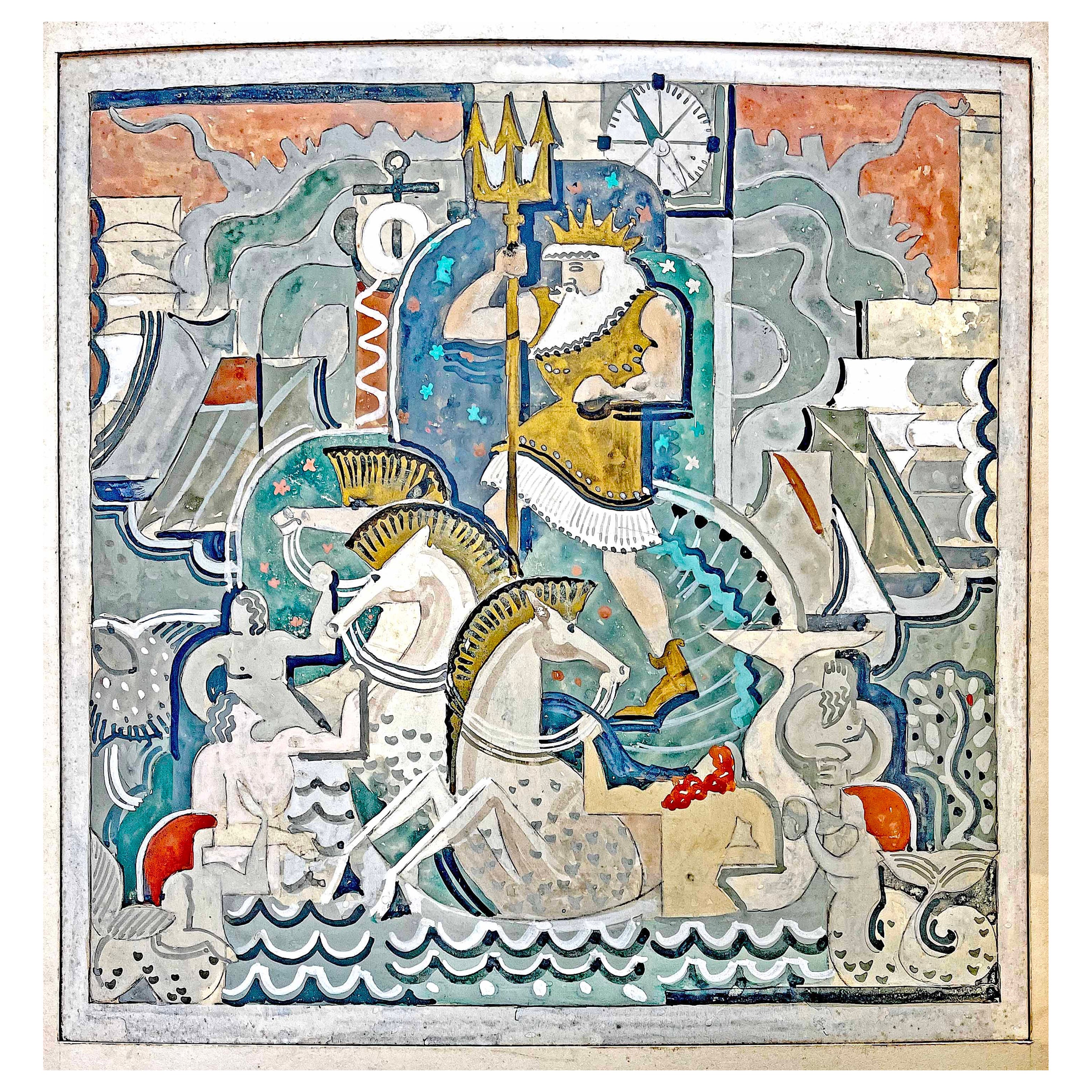 "Neptune's Kingdom", Elaborate Art Deco Painting with Mermaids, Hippocampi