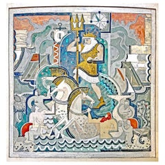 Antique "Neptune's Kingdom", Elaborate Art Deco Painting with Mermaids, Hippocampi