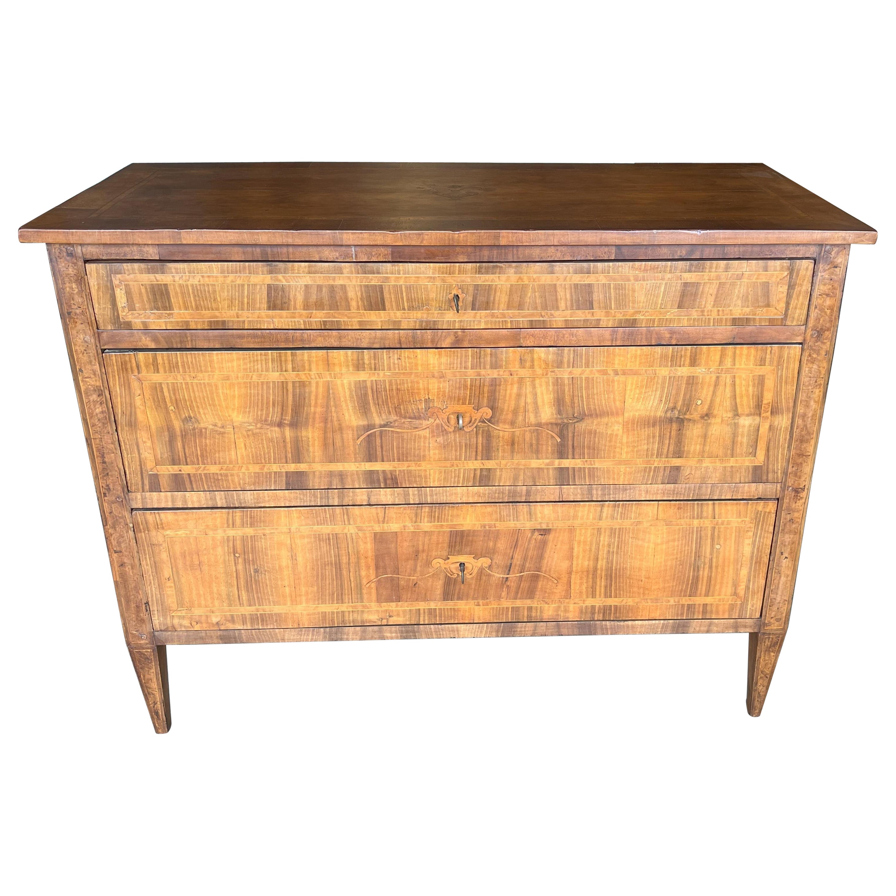 Louis XVI Style Italian Walnut Burl Inlay Locking Chest of Drawers, Tuscany 1890 For Sale